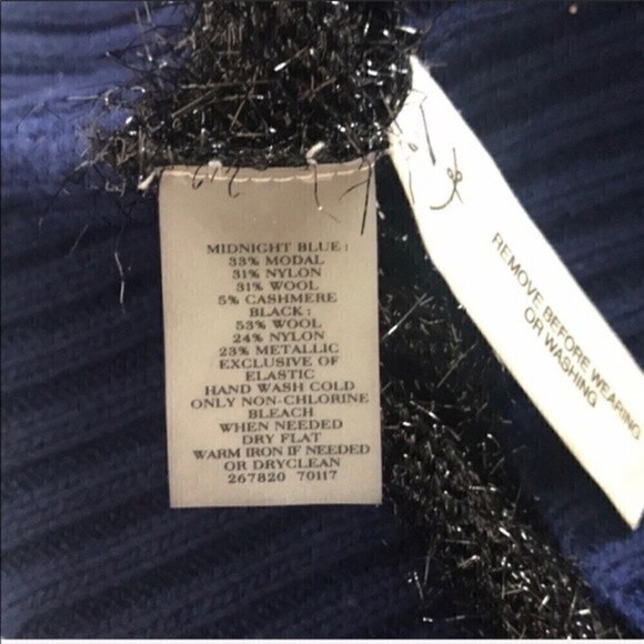 ANN TAYLOR Navy Black Stripe Cashmere Sweater Medium Tencel Holiday Christmas - Picture 6 of 6